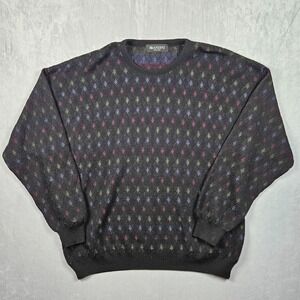 Vintage 100% Merino Wool Sweater Mens XXL Black Geometric Brandini Made In Italy